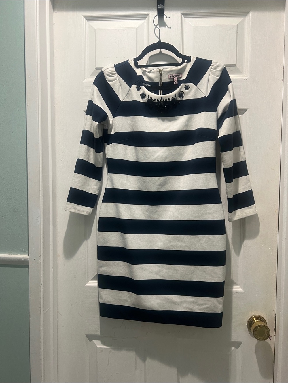 Juicy Couture Navy and White Striped Dress with Black Sones along Neckline.